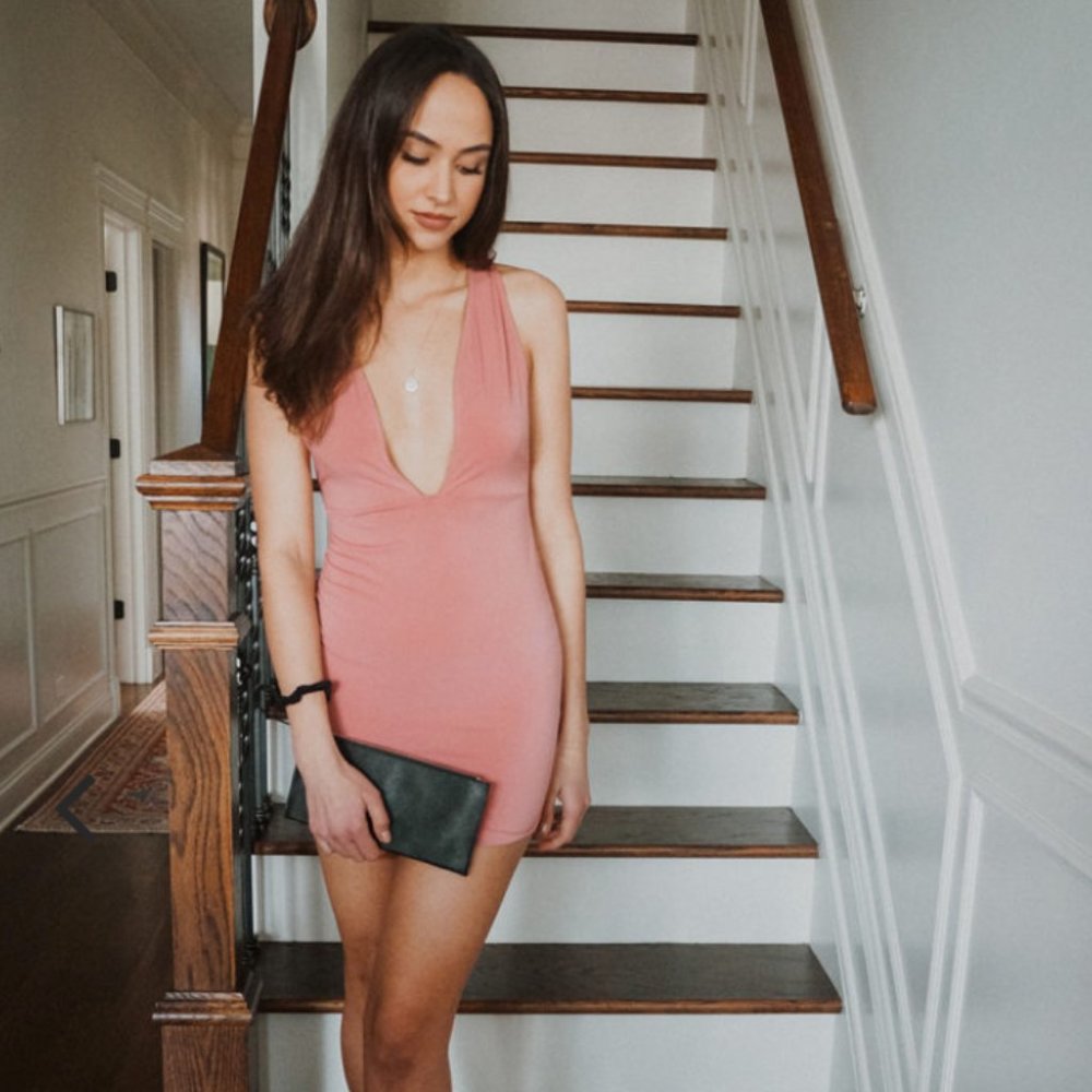 Deep V-Neckline Pink Mini Dress - Picture 3 of 10